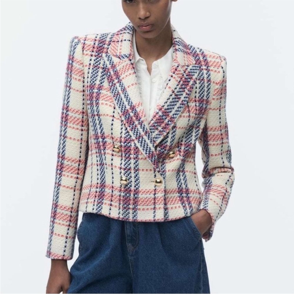 Zara Multicolor Plaid Tweed Blazer - Size M